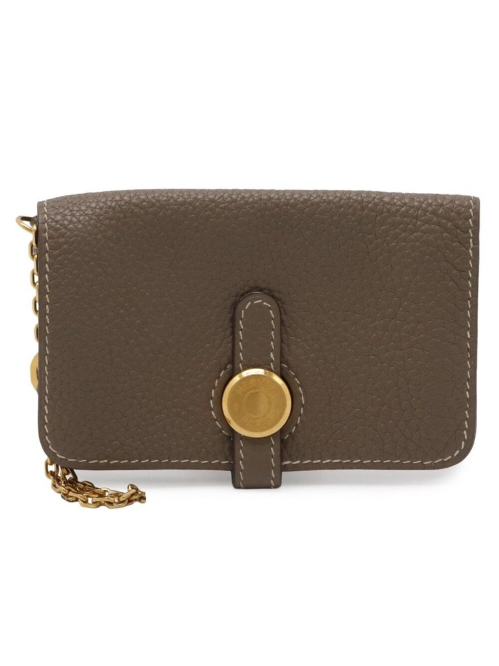 Hermes Dogon Key Case Coin Purse Card With Chain Taurillon Clemence Etoupe Gold